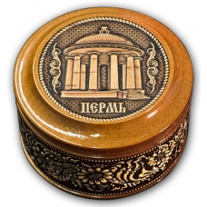 Шкатулка деревянная круглая с накладками из бересты Пермь-Ротонда 70х46